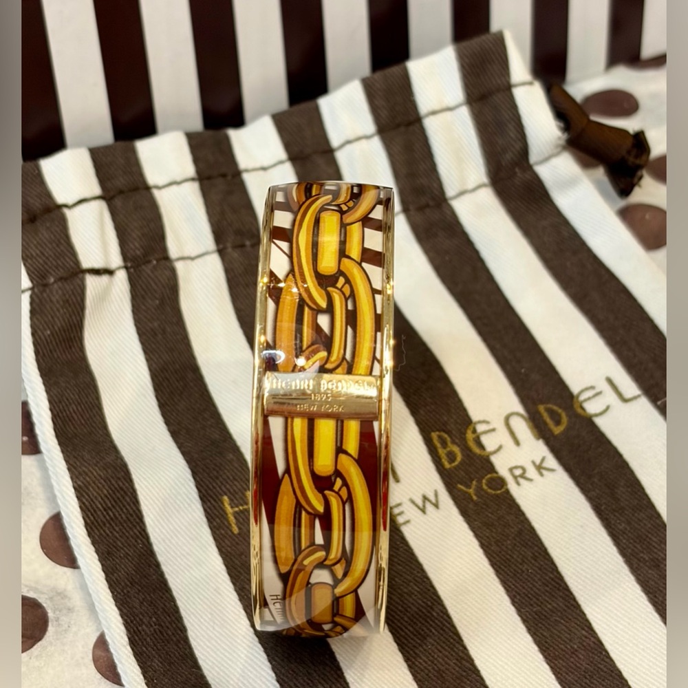 NWT RARE HENRI BENDEL Gold and Brown Enamel Chain-Print Bangle Bracelet/dust bag - Picture 2 of 9